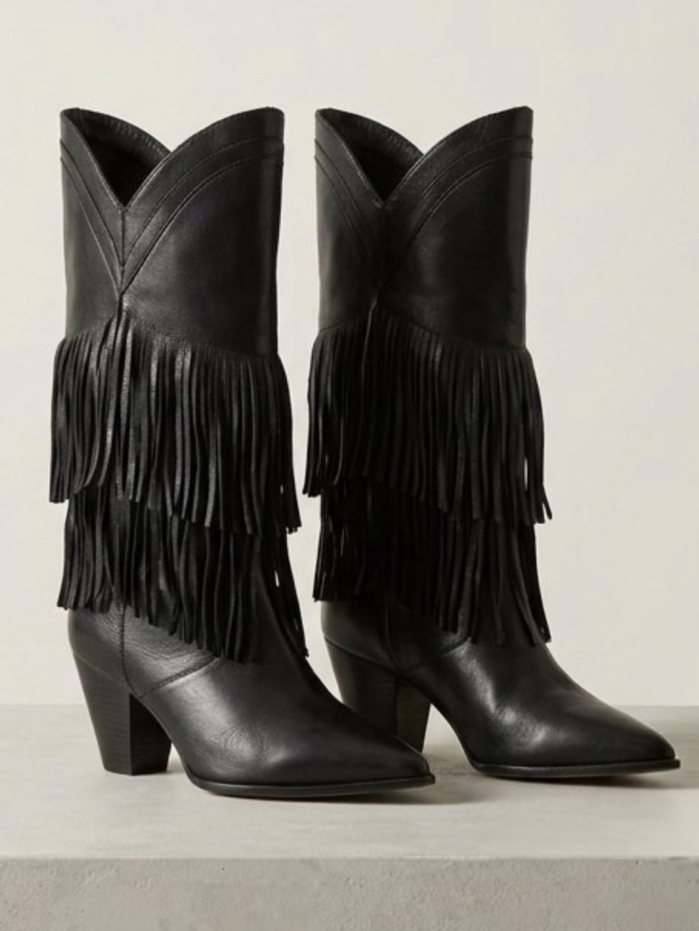 Zara Black Leather Fringe Western Heeled Boots size 40
